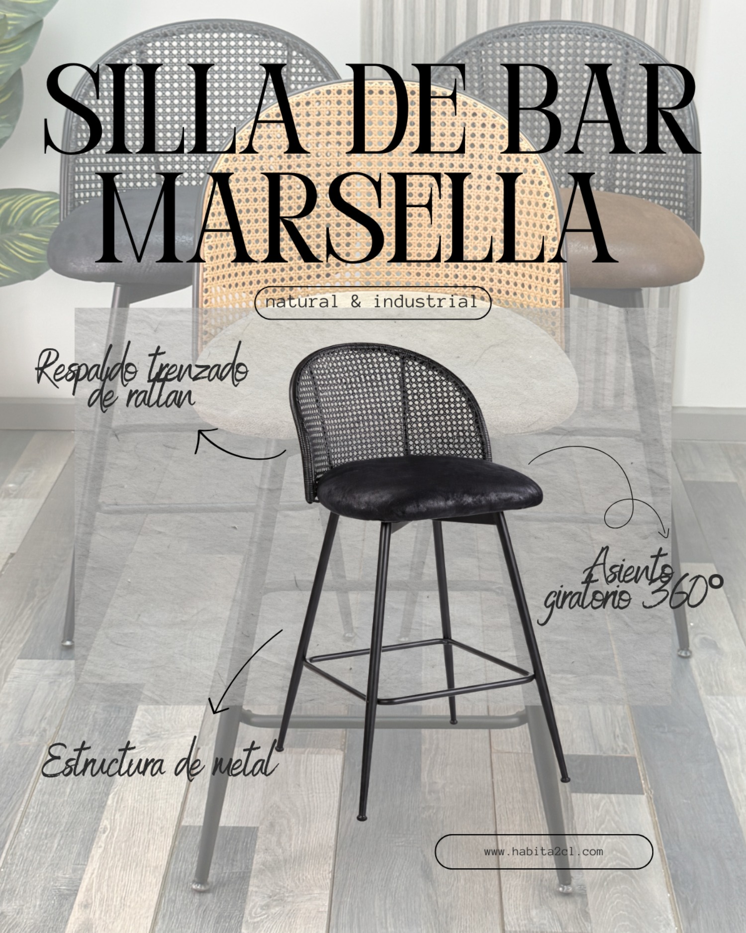 PACK 4 SILLAS DE BAR GIRATORIA DE RATAN MARSELLA - 5