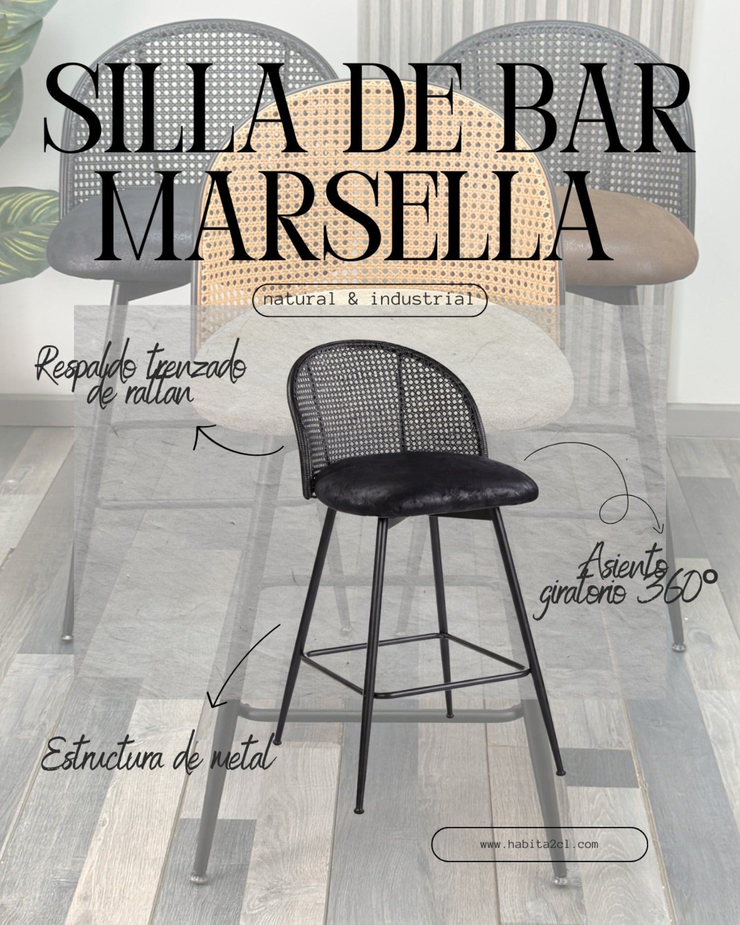 PACK 4 SILLAS DE BAR GIRATORIA DE RATAN MARSELLA - 5