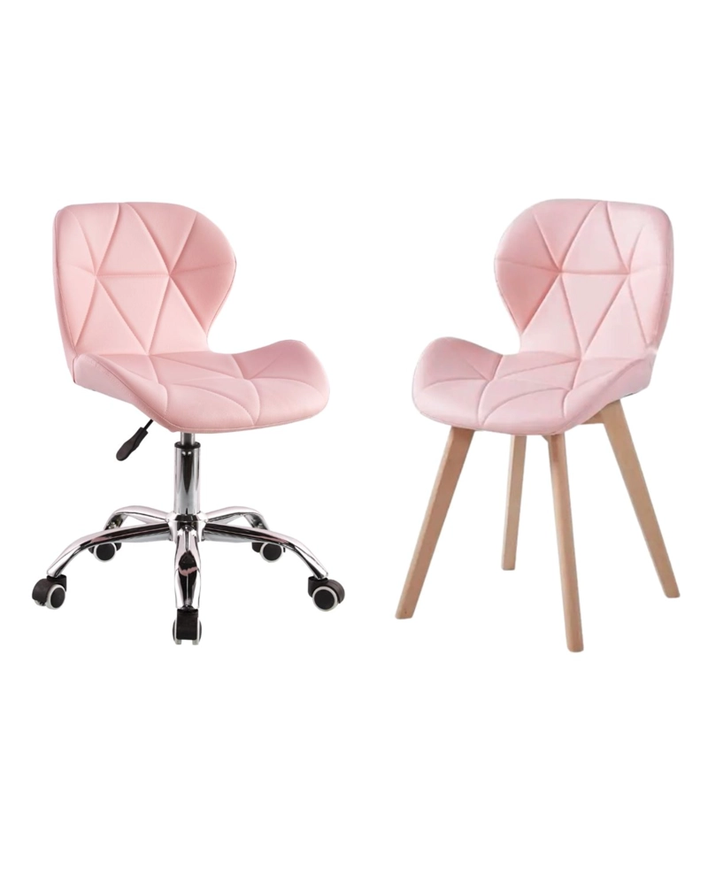 PACK 2 SILLAS WORK MARIPOSAS SILLA ALTURA AJUSTABLE CON RUEDAS + SILLA FIJA BASE MADERA - ROSA - 1