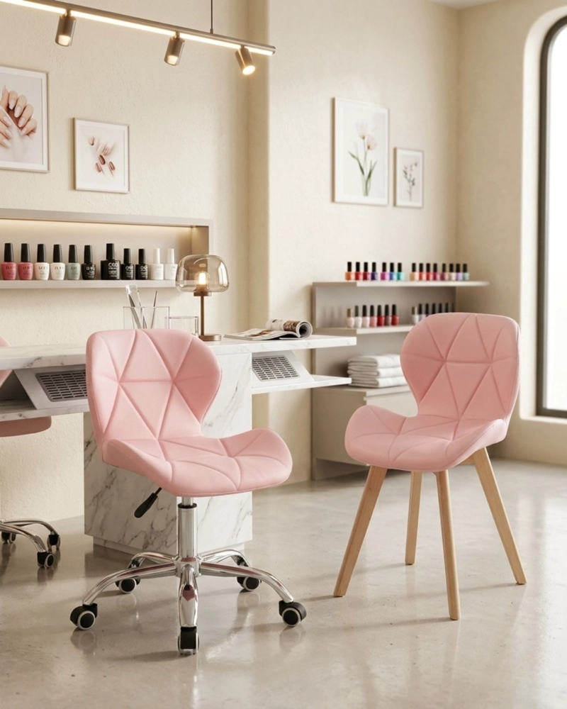 PACK 2 SILLAS WORK MARIPOSAS SILLA ALTURA AJUSTABLE CON RUEDAS + SILLA FIJA BASE MADERA - ROSA - 2