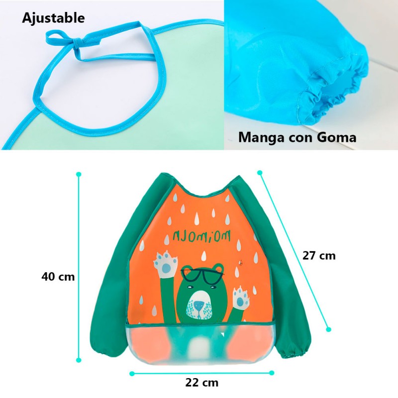 BABERO CHIQUILLOS.CL IMPERMEABLE BEBÉ PECHERA NIÑO AJUSTABLE CON MANGAS AGUA - 2