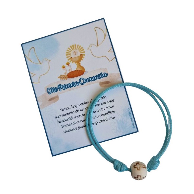 RECUERDOS ENCINTADOS PRIMERA COMUNION 12 PULSERAS HILO + TARJETAS - 1