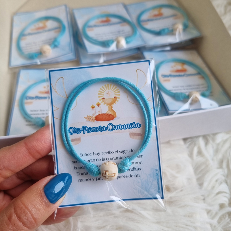 RECUERDOS ENCINTADOS PRIMERA COMUNION 12 PULSERAS HILO + TARJETAS - 2