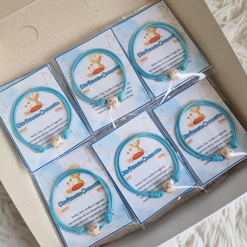 RECUERDOS ENCINTADOS PRIMERA COMUNION 12 PULSERAS HILO + TARJETAS - 3