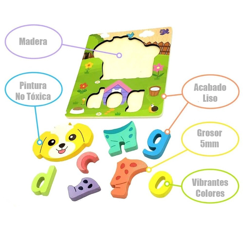 PUZZLE ENCAJE MADERA LETRA DIBUJO ROMPECABEZA DIDACTICO NIÑO - 3