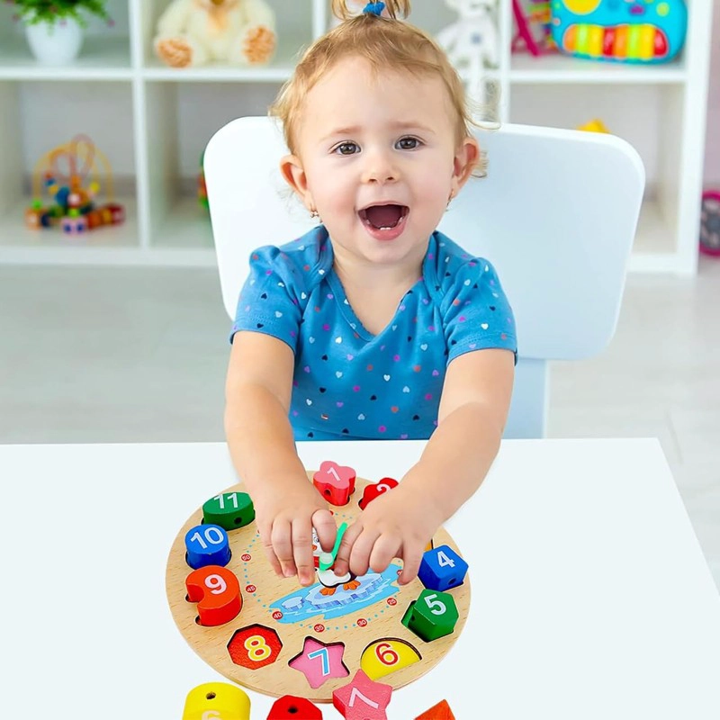 RELOJ DIDACTICO JUEGO PUZZLE ENCAJE DE MADERA FORMAS COLORES - 6