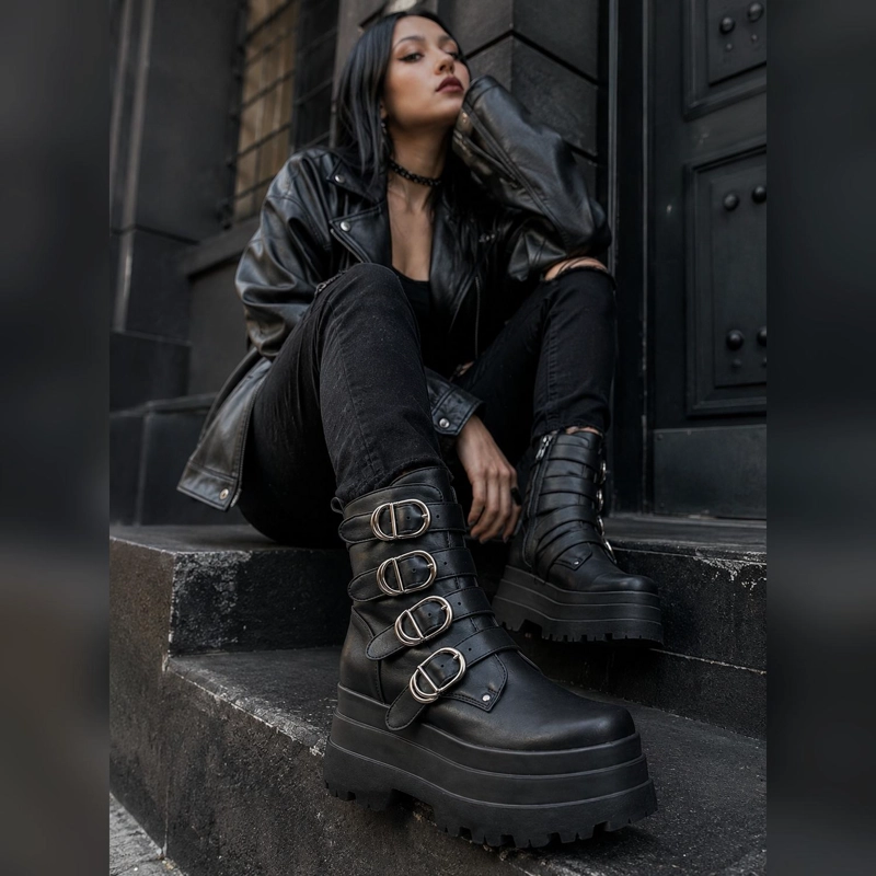 BOTA NEGRO MUJER GOTICA PUNK ROCK PU 2621 - 4