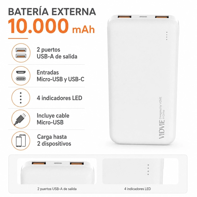 BATERIA EXTERNA POWER BANK VIDVIE PB747 10.000 MAH - 4