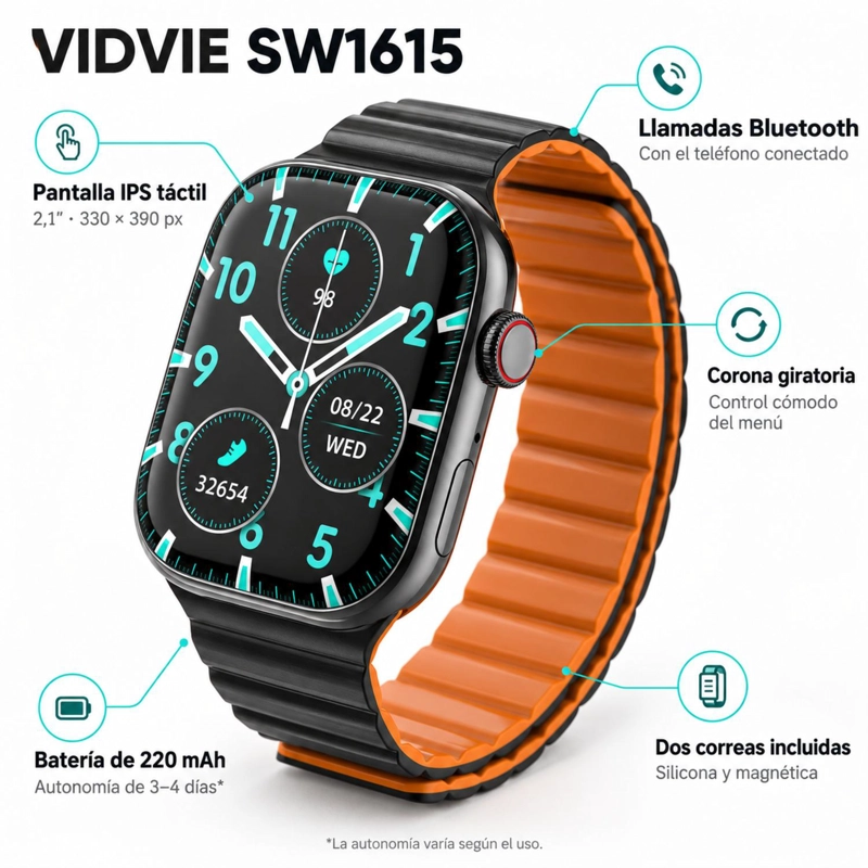 SMARTWATCH RELOJ INTELIGENTE VIDVIE SW1615 NEGRO 2,1 LLAMADAS - 4