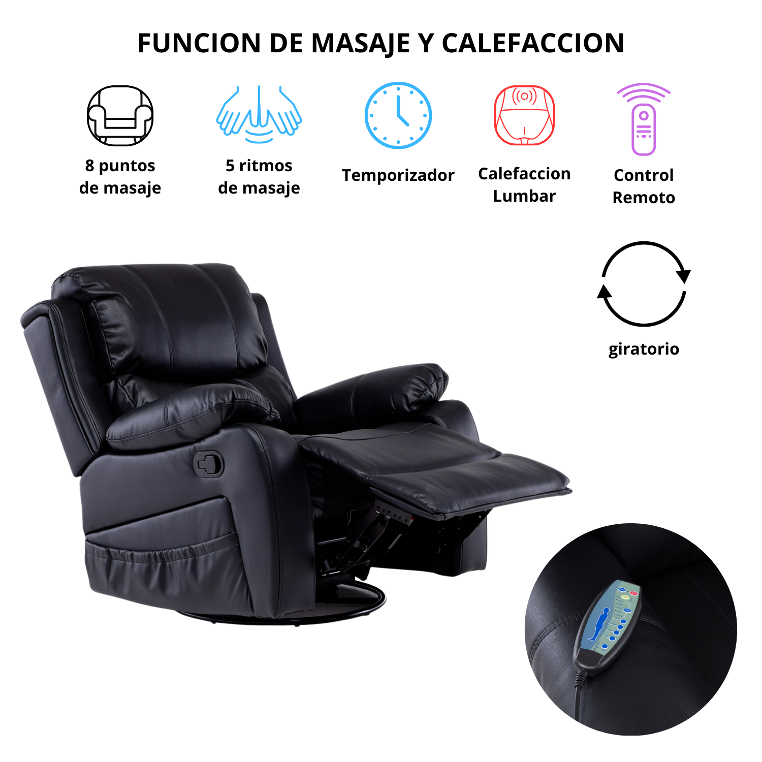BERGER RECLINABLE PRO BLACK CON VIBROMASAJE 8 PUNTOS + CONTROL REMOTO + CALEFACCION + MECEDOR - 3
