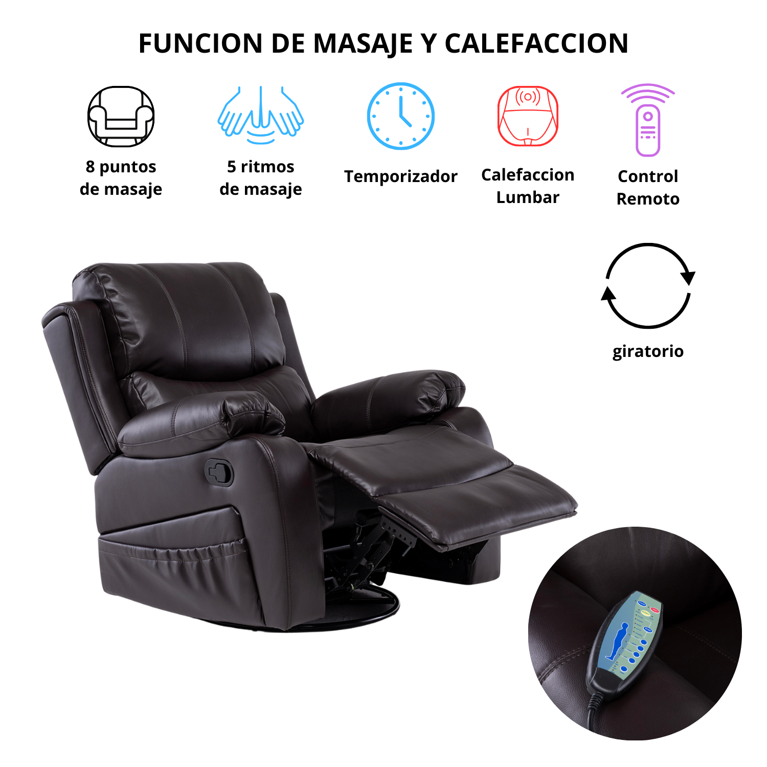 BERGER RECLINABLE PRO BROWN CON VIBROMASAJE 8 PUNTOS + CONTROL REMOTO + CALEFACCION + MECEDOR (0) C - 2