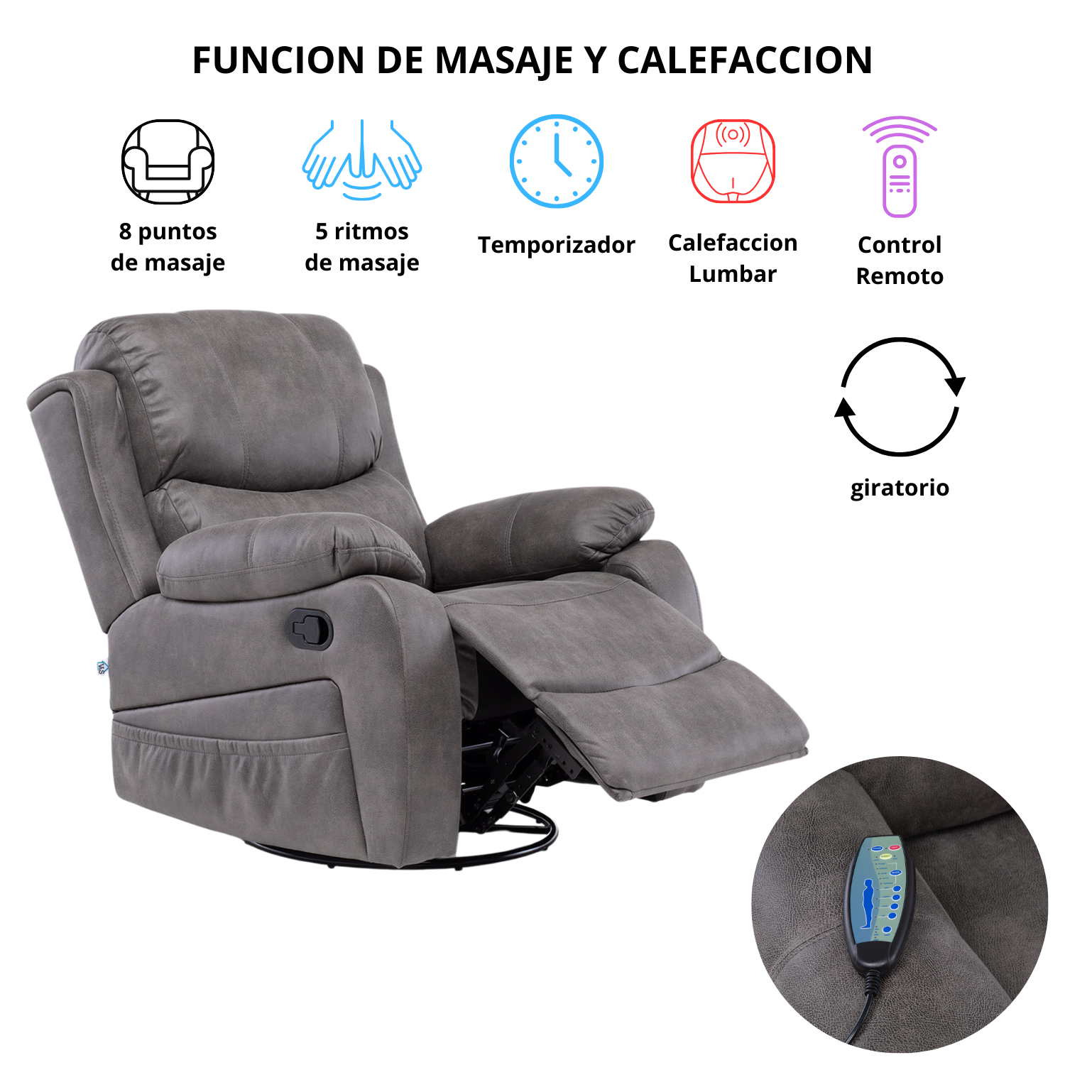 BERGER RECLINABLE PRO GREY CON VIBROMASAJE 8 PUNTOS + CONTROL REMOTO + CALEFACCION + MECEDOR - 3