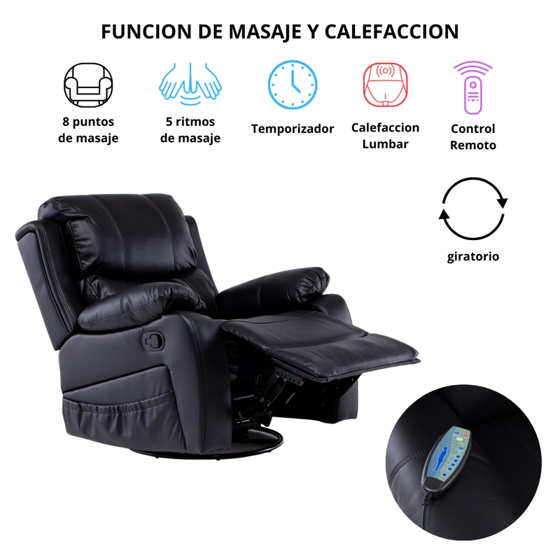 BERGER RECLINABLE PRO BLACK CON VIBROMASAJE 8 PUNTOS + CONTROL REMOTO + CALEFACCION + MECEDOR - 3