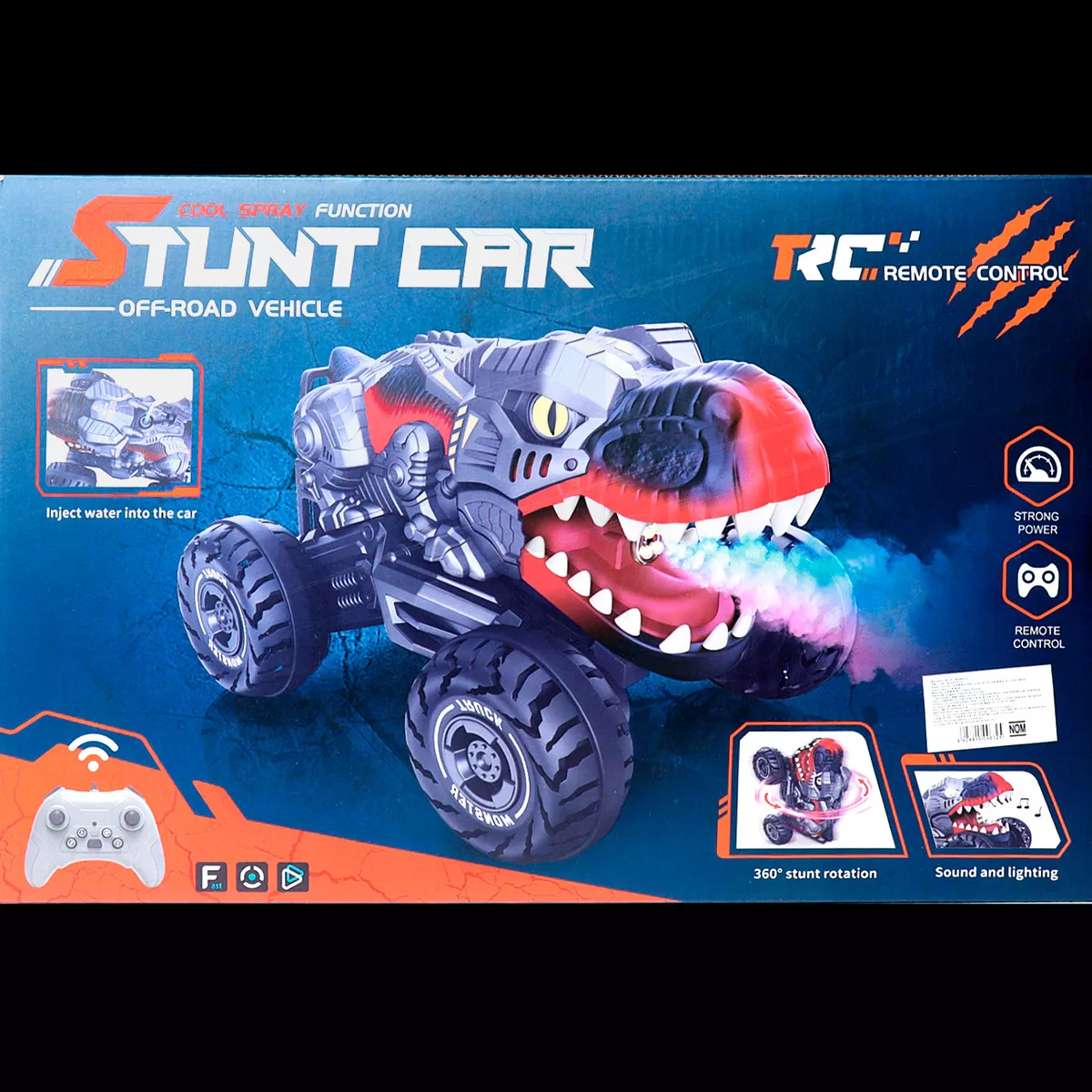 AUTO CONTROL DINOSAURIO PIRUETAS HUMO MUSICA 360° 4X4 - 5