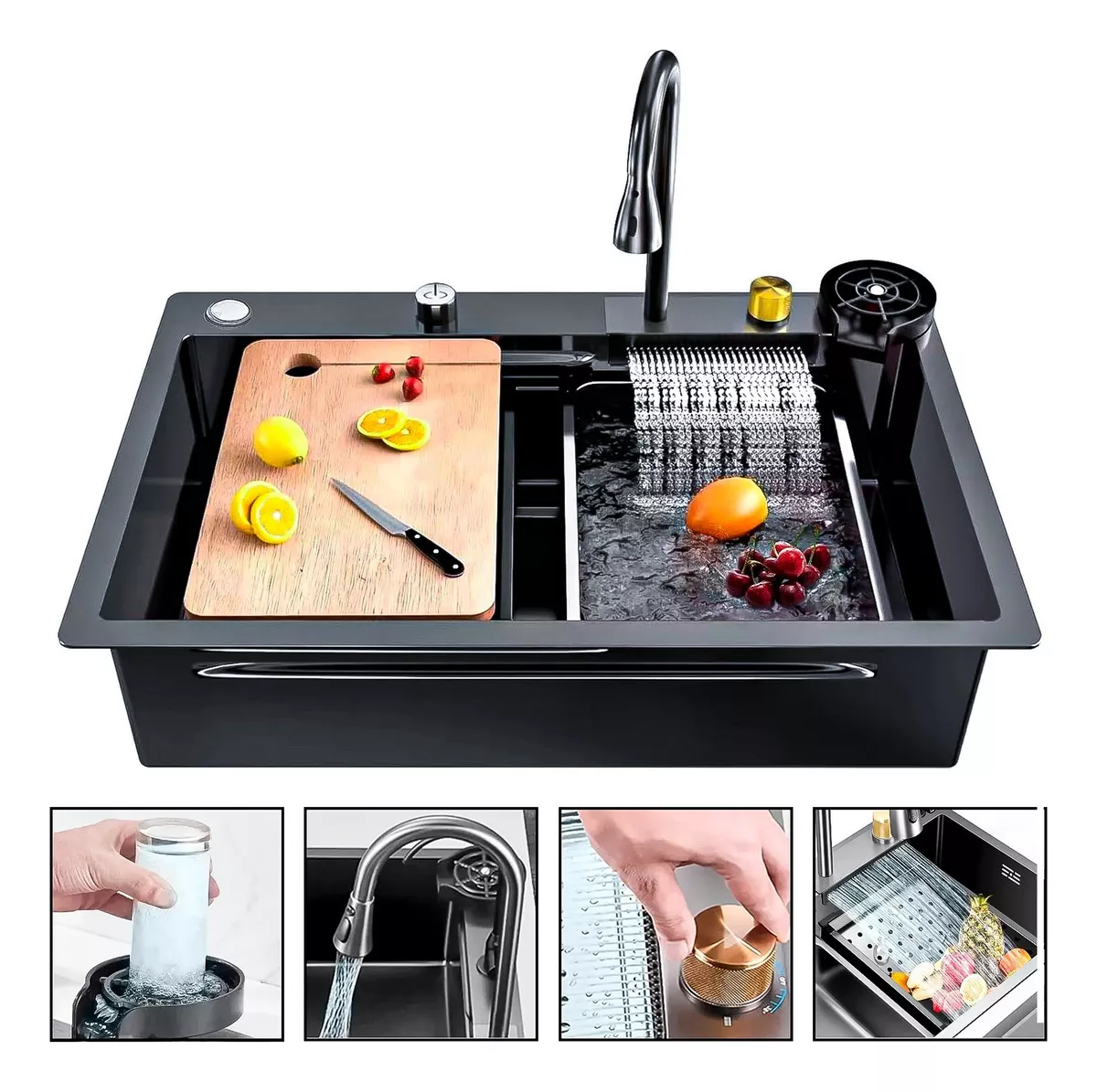 LAVAPLATOS CASCADA LAVAVASOS LLAVE 2 MODOS 75X46 ACERO INOX - 1