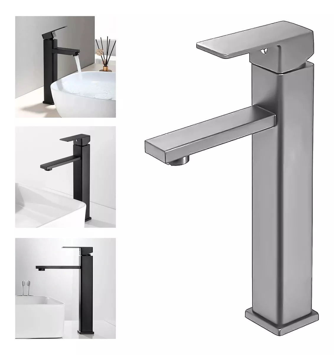 LLAVE LAVAMANOS ALTA GRIFO MONOMANDO ACERO INOXIDABLE PLATA - 1