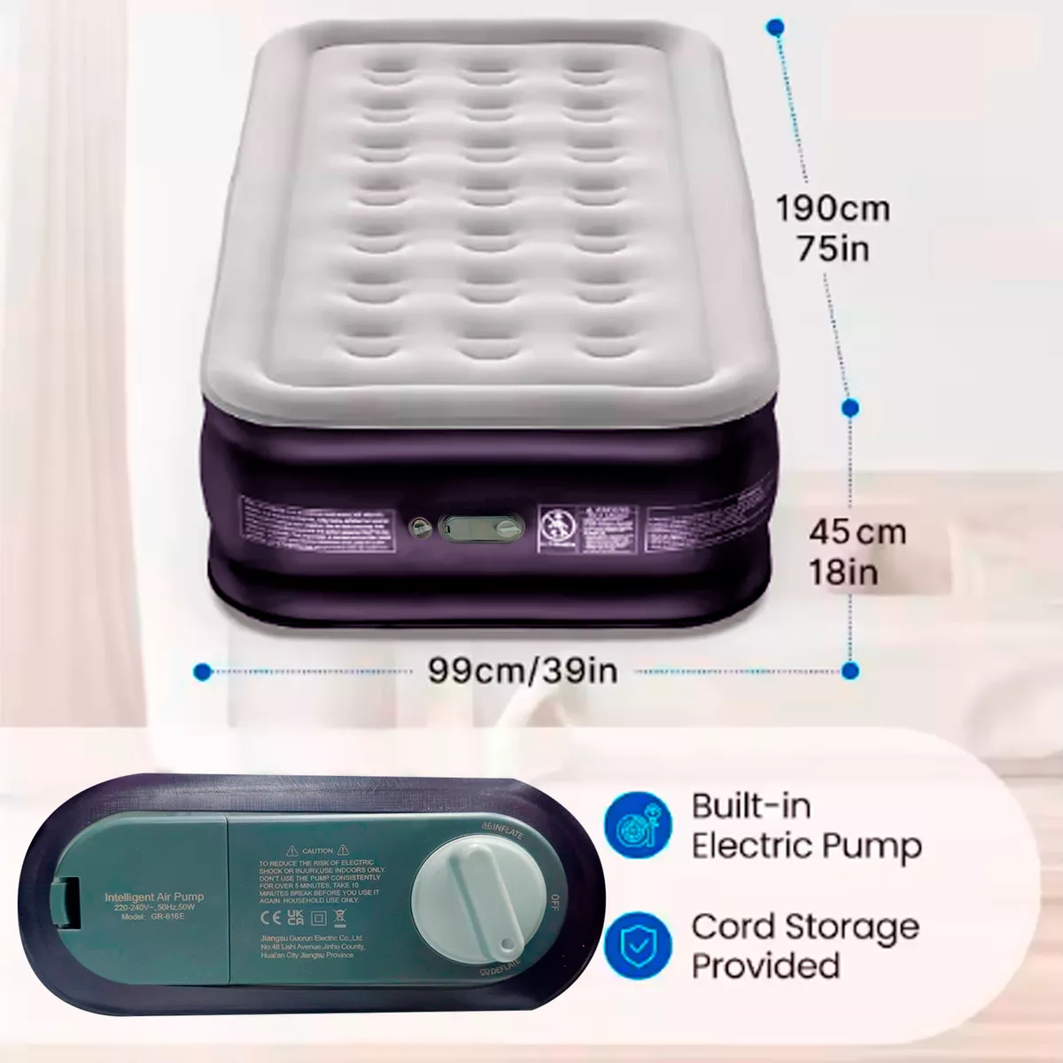 COLCHON CAMA INFLABLE ELECTRICO CAMPING GLAMPING 1PLAZA 45CM - 2