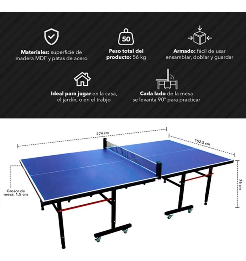 MESA PING PONG IPLAY 274X152 PLEGABLE CON RUEDAS Y RED - 3