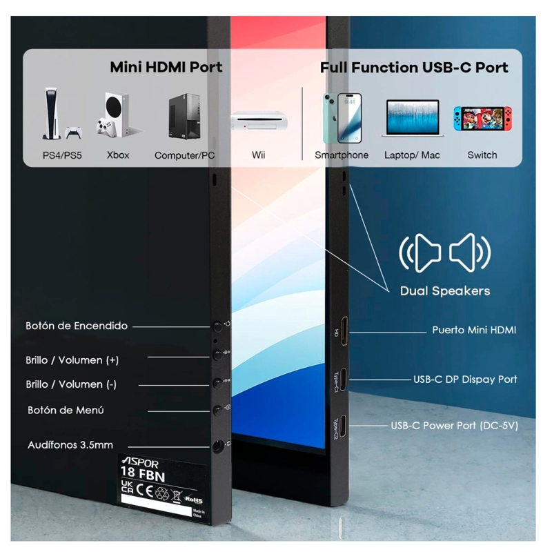 MONITOR PORTATIL 18.5 120HZ FULL HD CON PARLANTE Y CASE - 8