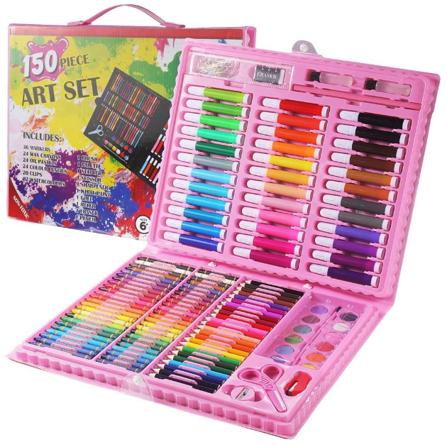 KIT DE ARTE PARA NIÑOS JUEGO DE 150 PZ CON ESTUCHE PORTÁTIL ROSADO - 1
