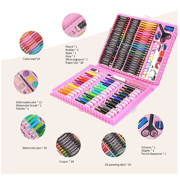 KIT DE ARTE PARA NIÑOS JUEGO DE 150 PZ CON ESTUCHE PORTÁTIL ROSADO - 6