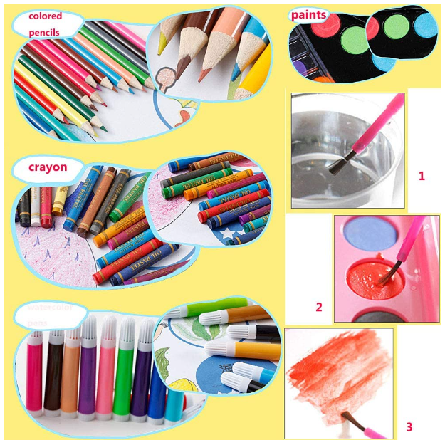 KIT DE ARTE PARA NIÑOS JUEGO DE 150 PZ CON ESTUCHE PORTÁTIL ROSADO - 7