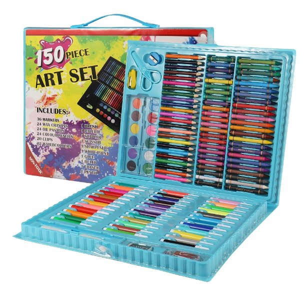 KIT DE ARTE PARA NIÑOS JUEGO DE 150 PZ CON ESTUCHE PORTÁTIL CELESTE - 1