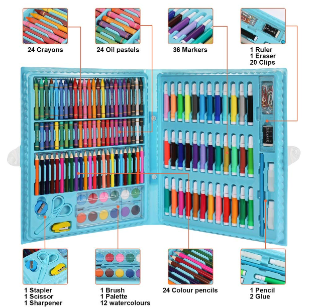 KIT DE ARTE PARA NIÑOS JUEGO DE 150 PZ CON ESTUCHE PORTÁTIL CELESTE - 3