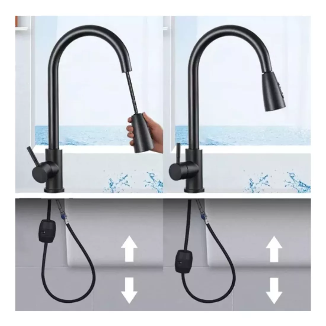 LLAVE LAVAPLATOS EXTENSIBLE GRIFERIA MONOMANDO COCINA NEGRO - 4