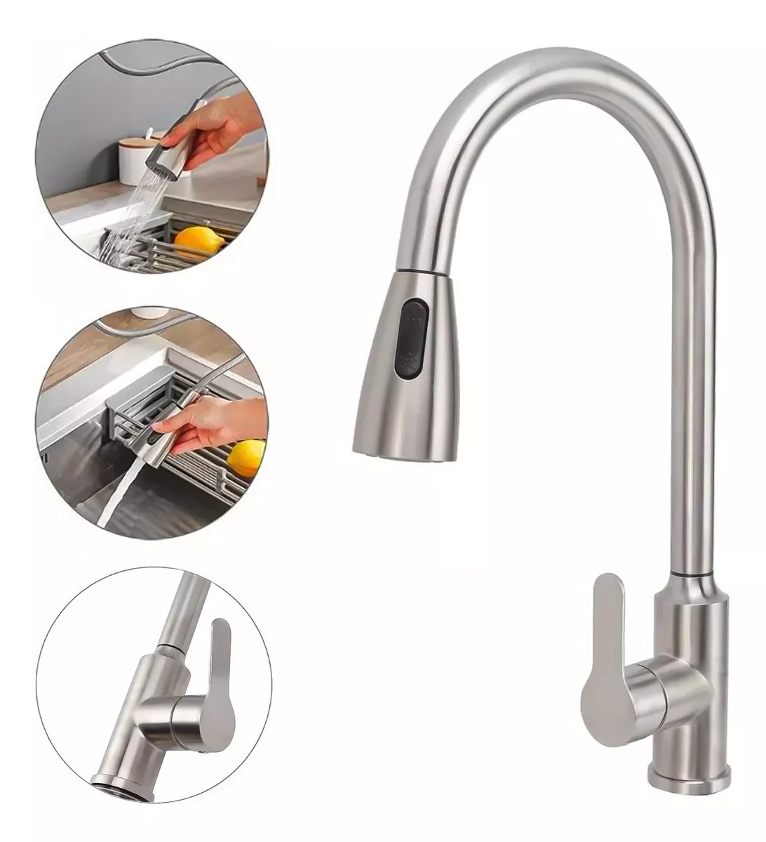 LLAVE LAVAPLATOS EXTENSIBLE GRIFERIA MONOMANDO COCINA NIQUEL ACABADO CEPILLADO COLOR CROMADO - 1