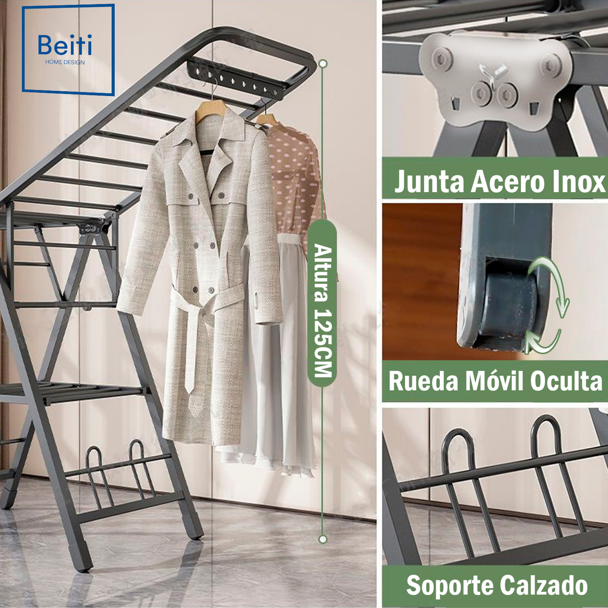 TENDEDERO PLEGABLE PREMIUM BEITI ACERO INOX 170CM 50KG - 2