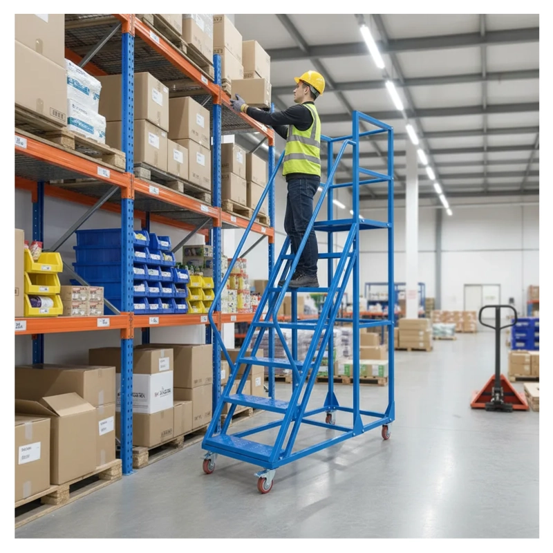 ESCALERA INDUSTRIAL TIPO AVION 6 PELDAÑOS 1,5M + PLATAFORMA AZUL - 2