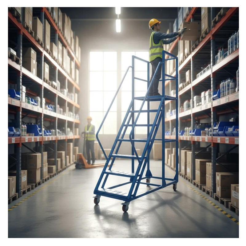 ESCALERA INDUSTRIAL TIPO AVION 6 PELDAÑOS 1,5M + PLATAFORMA AZUL - 4