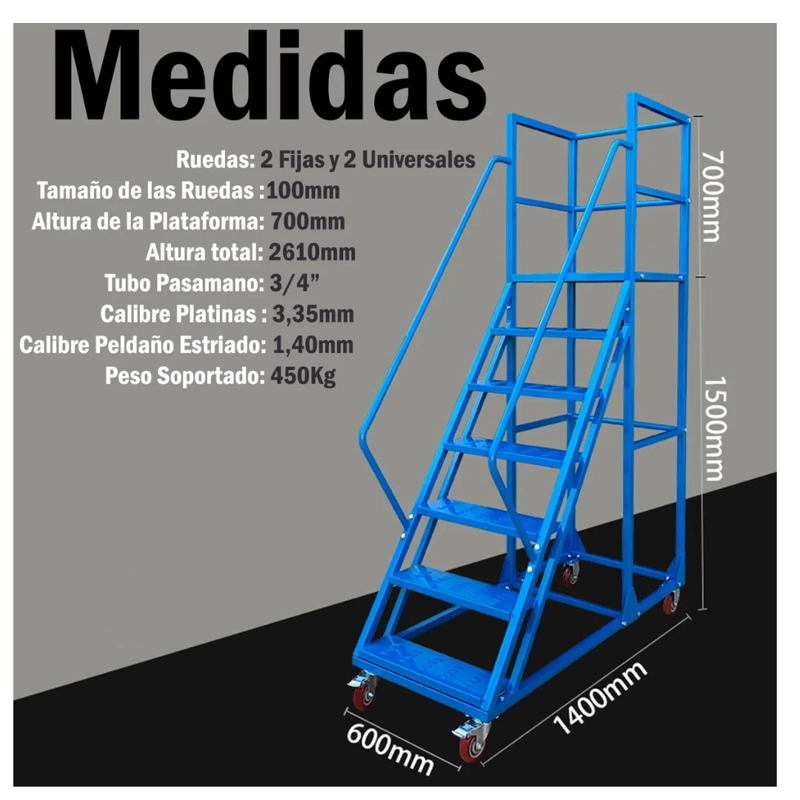 ESCALERA INDUSTRIAL TIPO AVION 6 PELDAÑOS 1,5M + PLATAFORMA AZUL - 5