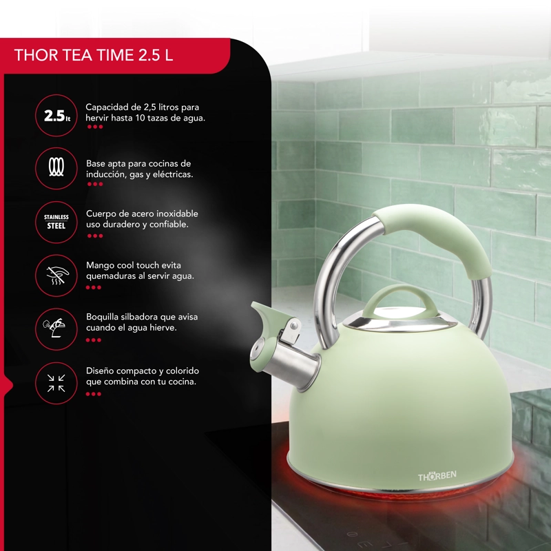 TETERA THOR TEA TIME VERDE 2.5L ACERO INOXIDABLE SILBADORA - 3