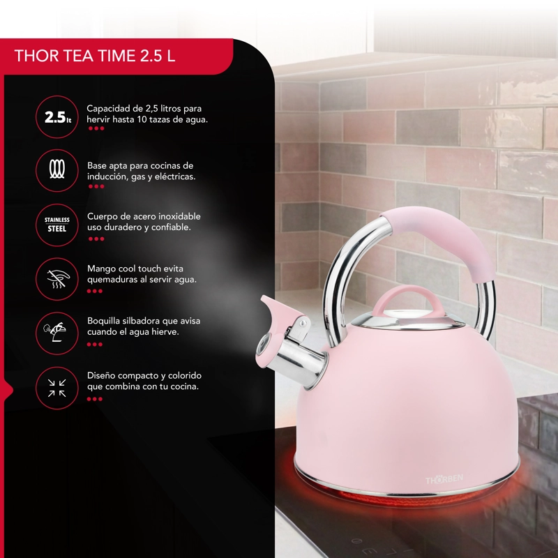 TETERA THOR TEA TIME ROSA 2.5L ACERO INOXIDABLE SILBADORA - 3