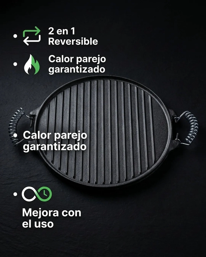PLANCHA CHURRASQUERA REVERSIBLE FIERRO FUNDIDO 25CM COCINA NEGRO DUSSEL - 3