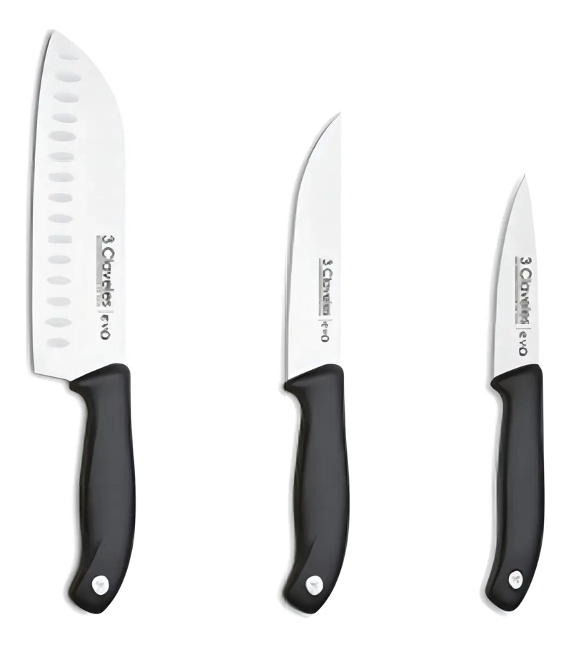 CUCHILLOS TRES CLAVELES N1734 EVO SET 3 ACERO INOXIDABLE ALVEOLADOS NEGRO