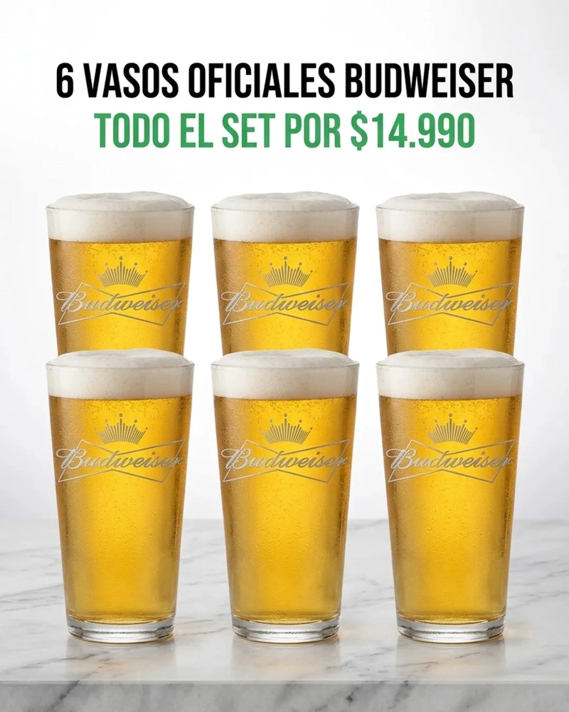 VASOS CERVEZA BUDWEISER 490ML PACK X6 MICHELADA SCHOP BEER GRABADO VICRILA - 6