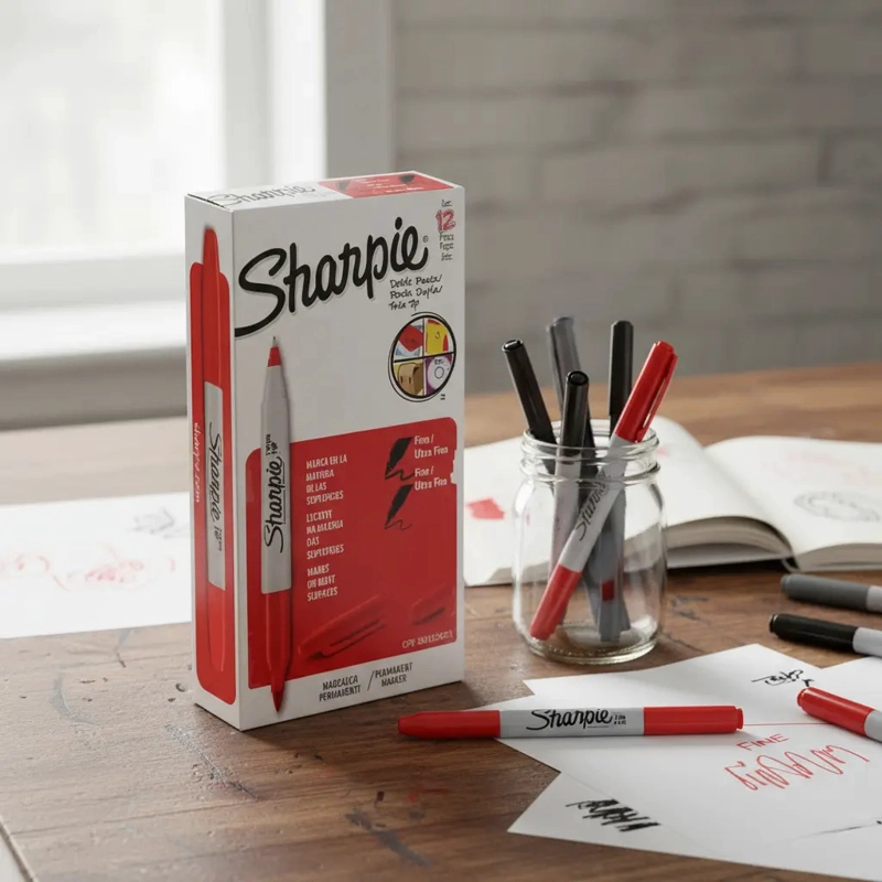 MARCADOR PERMANENTE SHARPIE DOBLE PUNTA CAJA CON 12 PIEZAS COLOR ROJO - 8