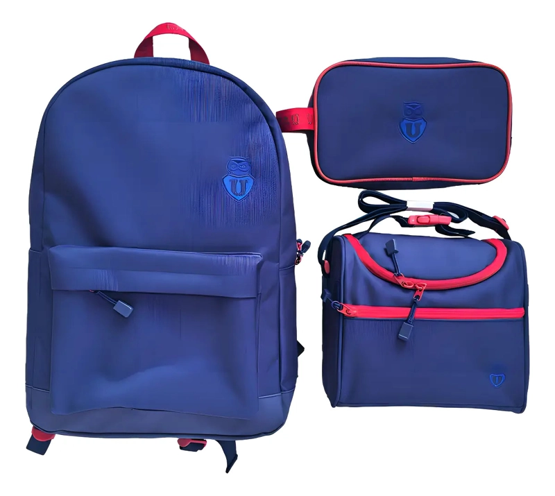 MOCHILA ESCOLAR UNIVERSIDAD D CHILE TRI-PACK LONCHERA+ESTUCH COLOR AZUL DISEÑO DE LA TELA U CHILE - 1