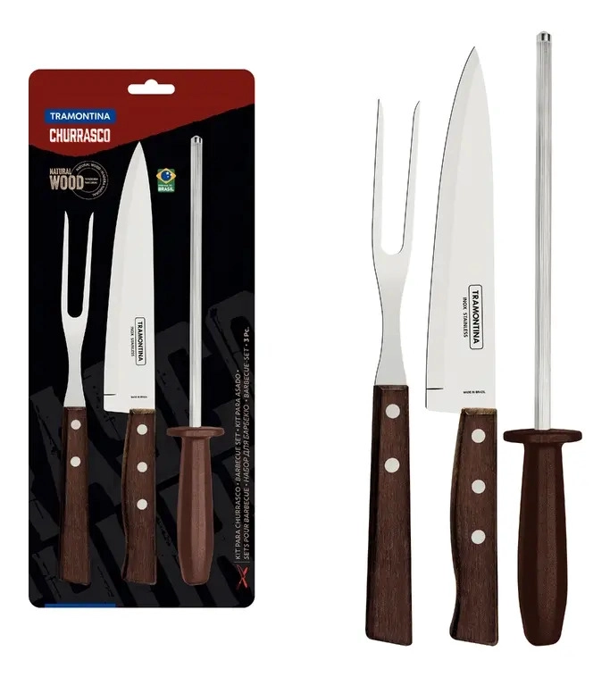 KIT PARA ASADO TRAMONTINA CON MANGOS DE MADERA NATURAL Y POLIPROPILENO 3 PIEZAS MARRON - 1