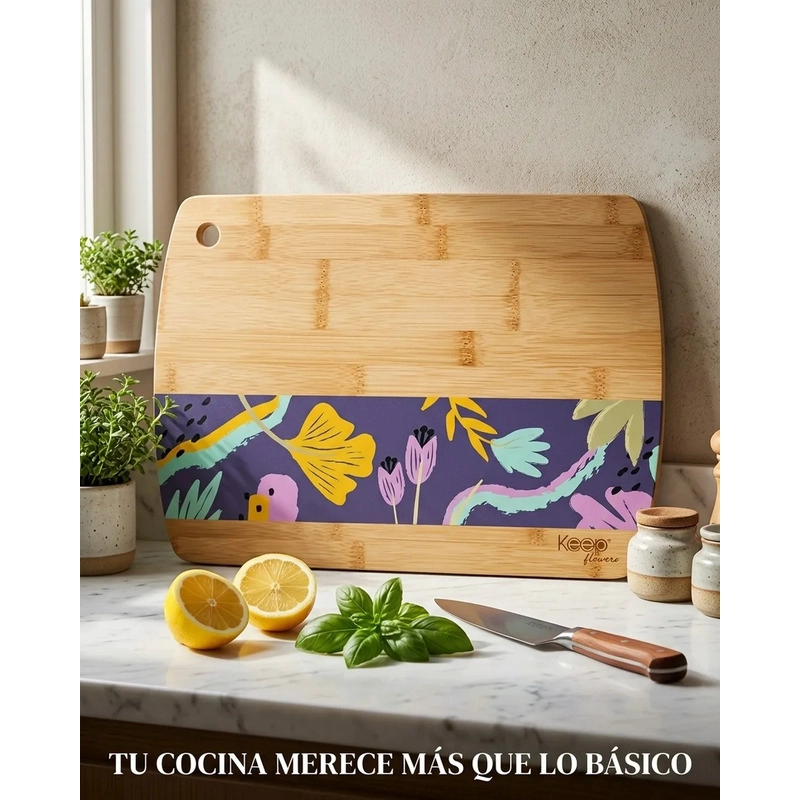 TABLA DE CORTAR BAMBOO FLOWERS KEEP 23X33 PARRILLA COCINA 33X23 MARRON CLARO - 2