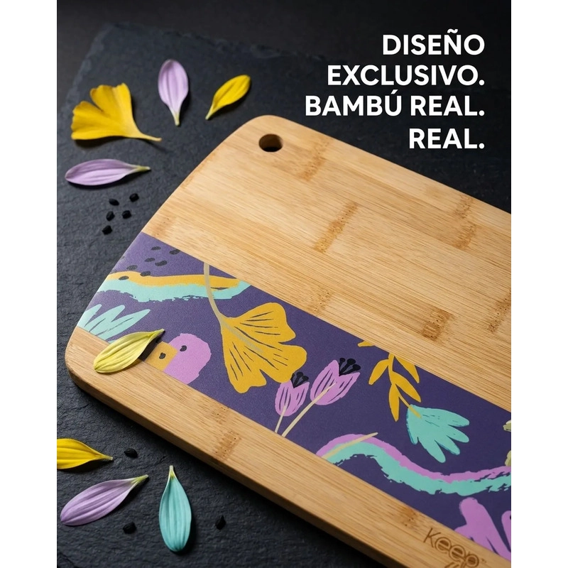 TABLA DE CORTAR BAMBOO FLOWERS KEEP 23X33 PARRILLA COCINA 33X23 MARRON CLARO - 3