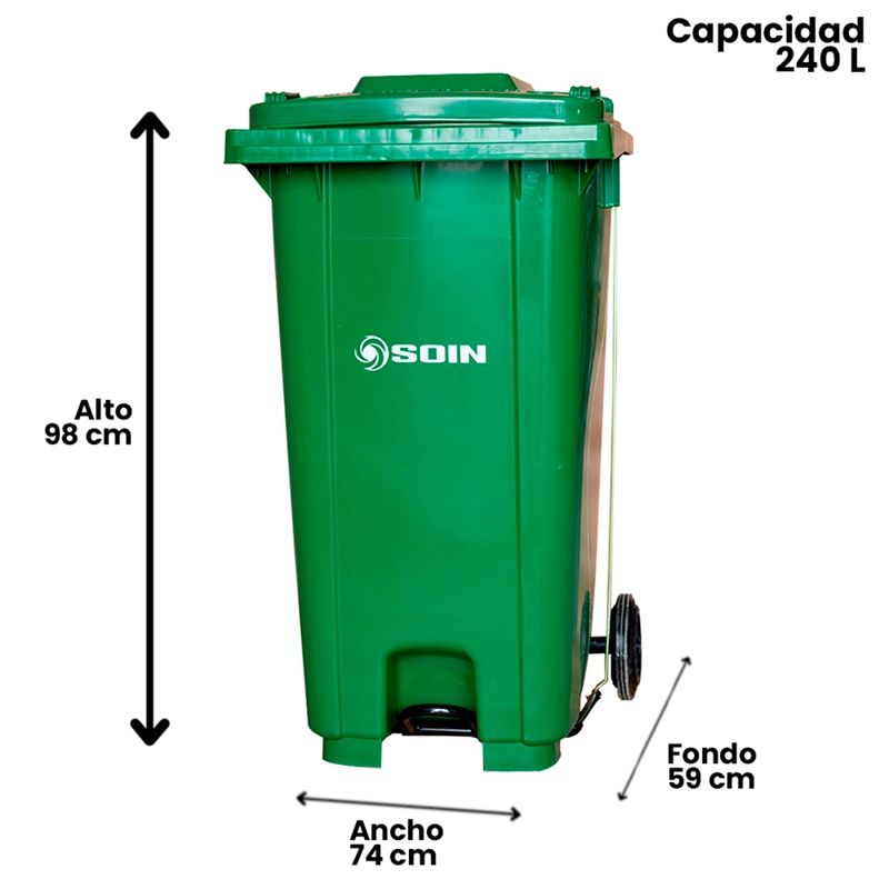 CONTENEDOR DE BASURA VERDE CON TAPA Y PEDAL 240L - 4