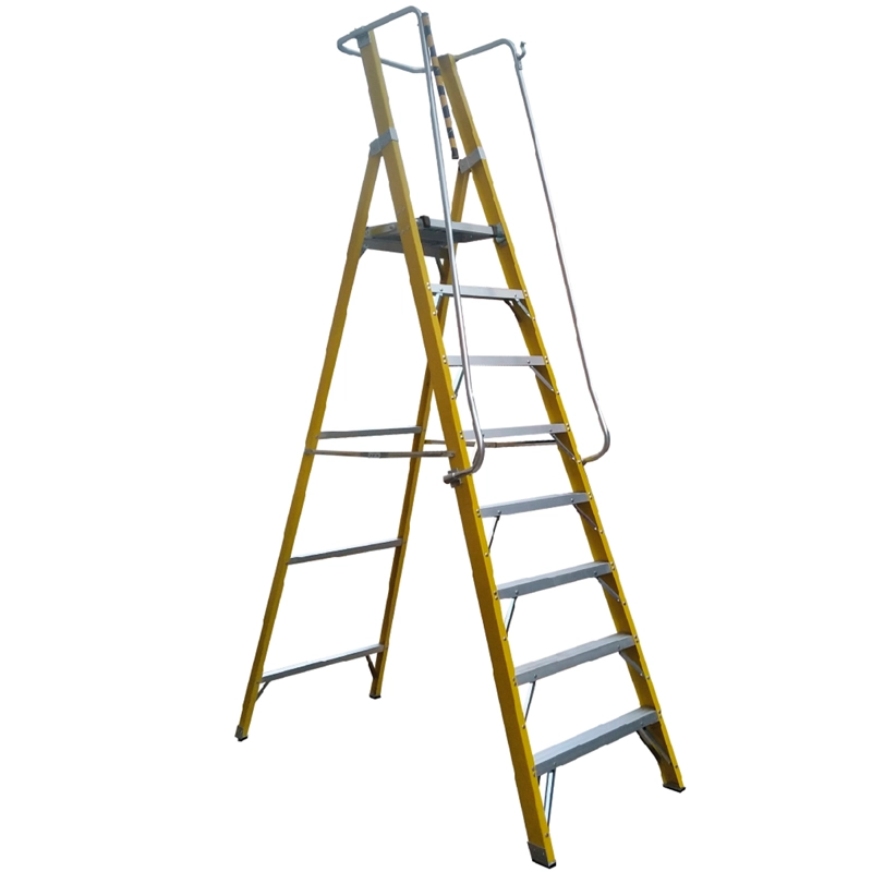 ESCALERA TIJERA PLATAFORMA DOBLE FIBRA VIDRIO 8P CON BARANDA - 1