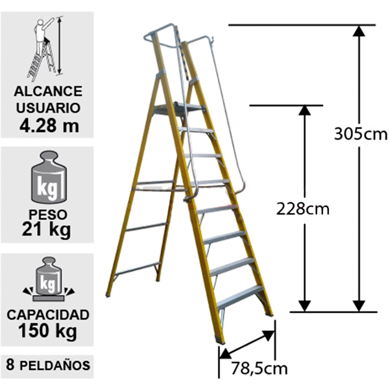 ESCALERA TIJERA PLATAFORMA DOBLE FIBRA VIDRIO 8P CON BARANDA - 3