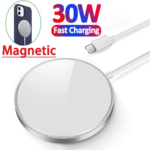 Cargador inalámbrico Tipo C metálico 30W 3A magnético blanco para iPhone y Android – pared. - 2