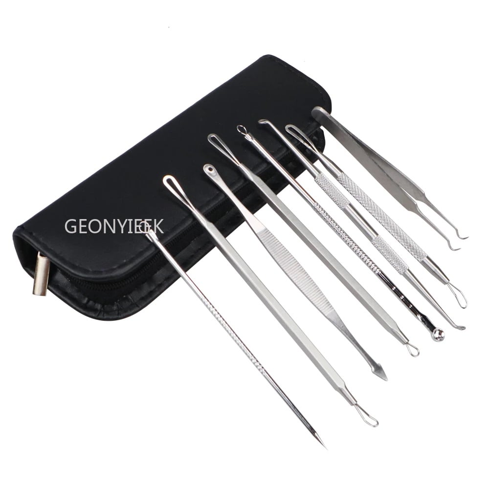 KIT PINZAS ACERO INOXIDABLE HERRAMIENTAS REMOVEDOR ACNE PUNTOS NEGROS EXTRACTOR BLACKHEAD 8 PIEZAS - 1