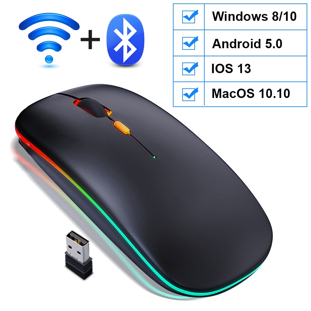Mouse Recargable USB Bluetooh MAC 2,4Ghz Conexión Inalambrico Retroiluminado Led Optico (negro) - 2